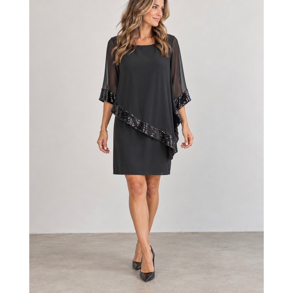 Cache Black Sequin Trim Cape Sleeve Cocktail Dress Womens Size 6 XS6150C